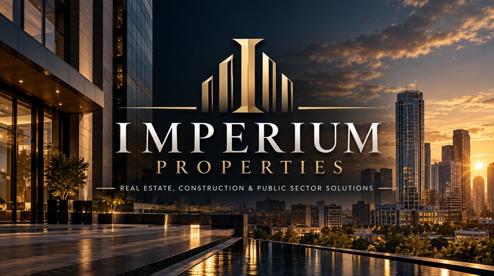 Imperium Properties. Real estate, construction and public sector solutions, set over an architectural skyline at sunset.